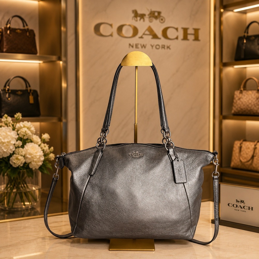 Coach Kelsey Satchel Gunmetal Metallic Pebbled Leather